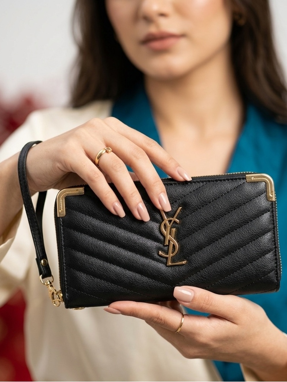 Macy's Black Quilted Leather Wristlet with Gold Hardware